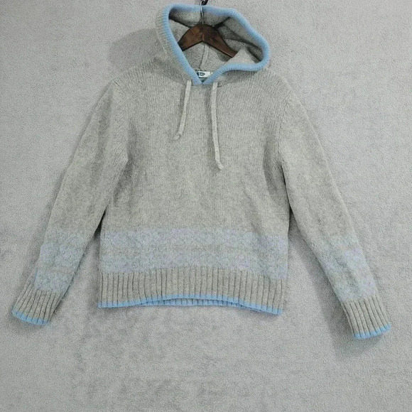 Vintage y2k Old Navy XL Gray Lambswool Pom Pom Hooded Sweater Women's  5PT - Picture 1 of 7